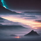 Ethereal landscape: Misty mountains, luminous path, green celestial sky