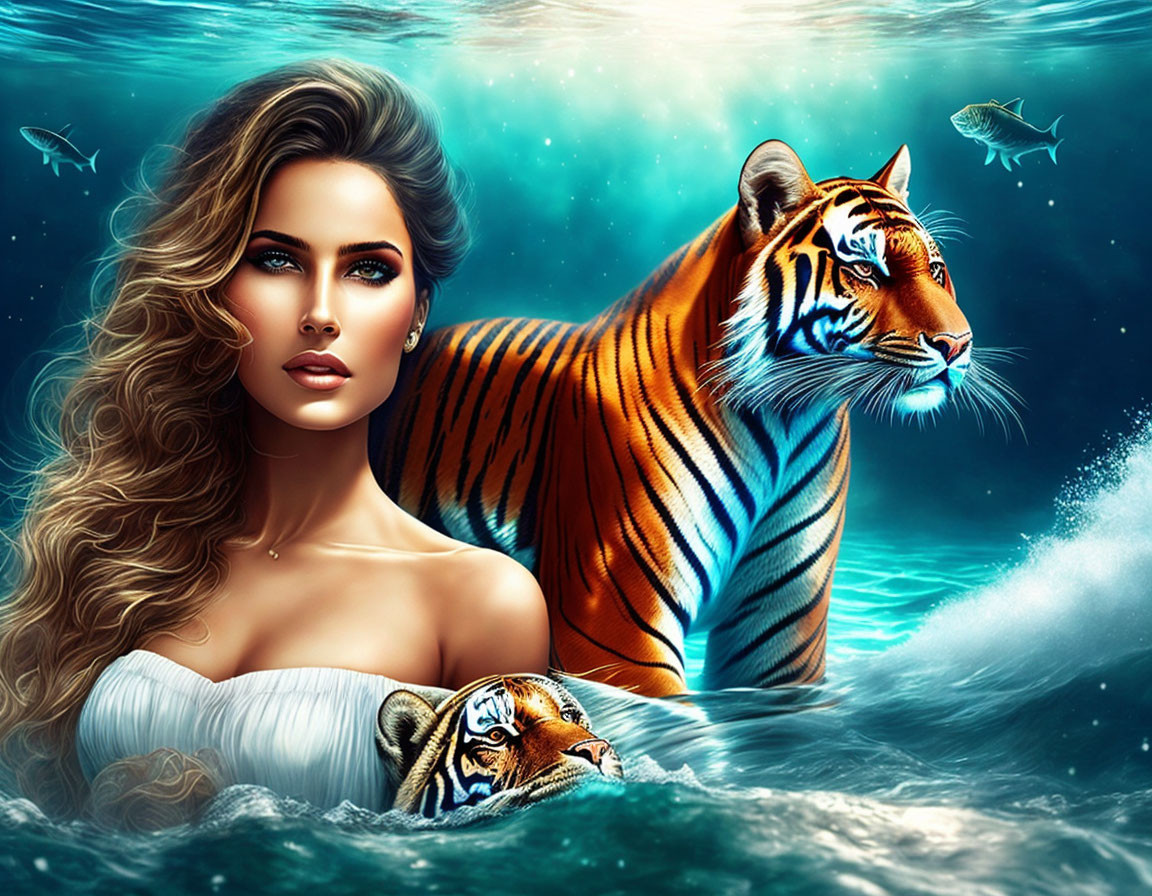 Surreal artwork of woman, tiger, and cub in vibrant blue ocean