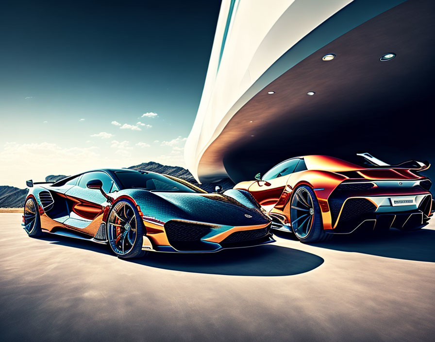 Dynamic Paint Jobs on Sleek Sports Cars under Modern Structure