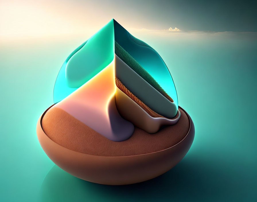 Surreal 3D image of sphere with swirling cutout design combining landscape and sky elements