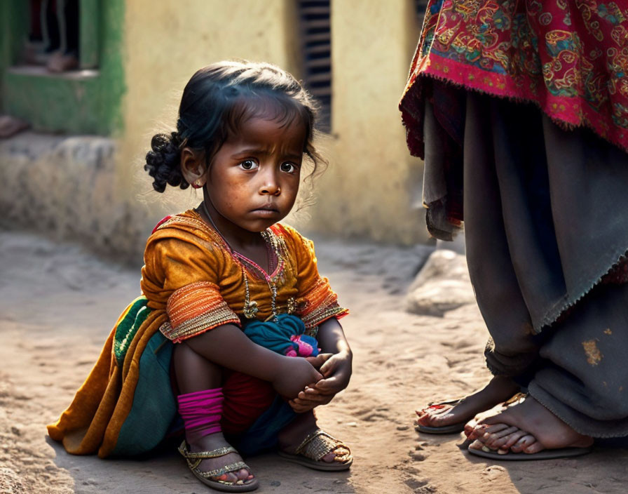 Child in colorful traditional outfit gazes with big eyes.