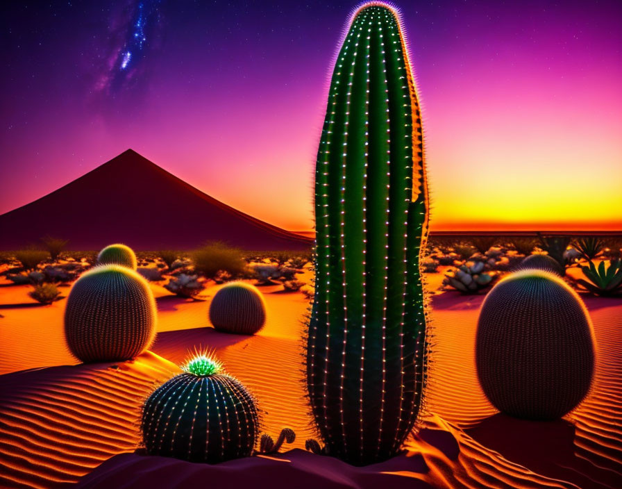 Vivid desert sunset with silhouetted cacti under starry sky