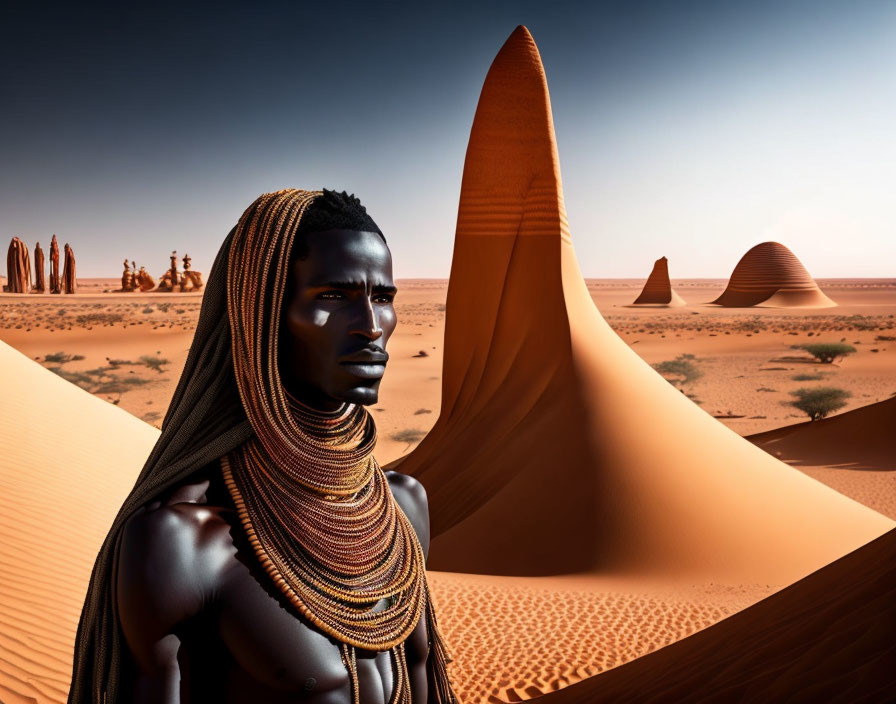 Braided hair person in desert with camels and dunes