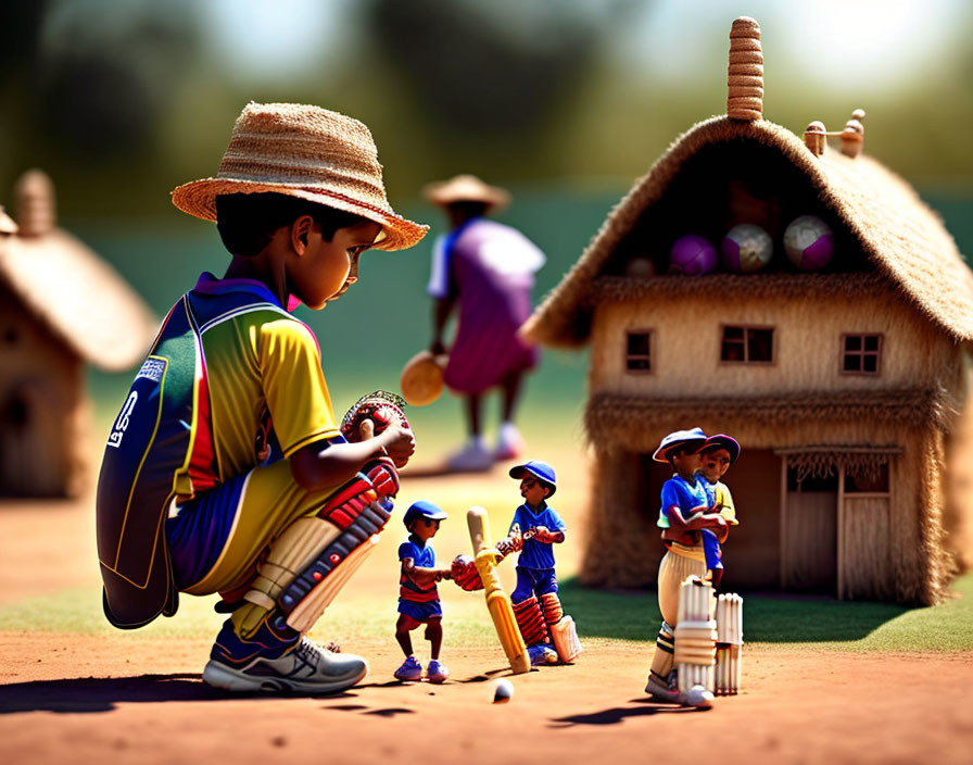 Young boy imagines miniature cricket game with toy players on pitch