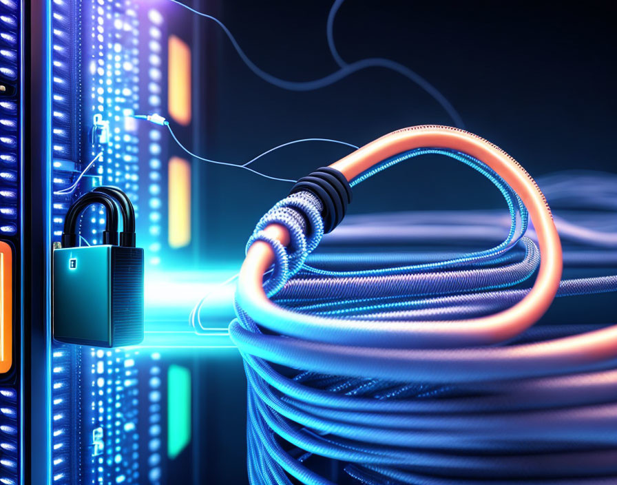 Digital padlock on server rack cables symbolizes data security.
