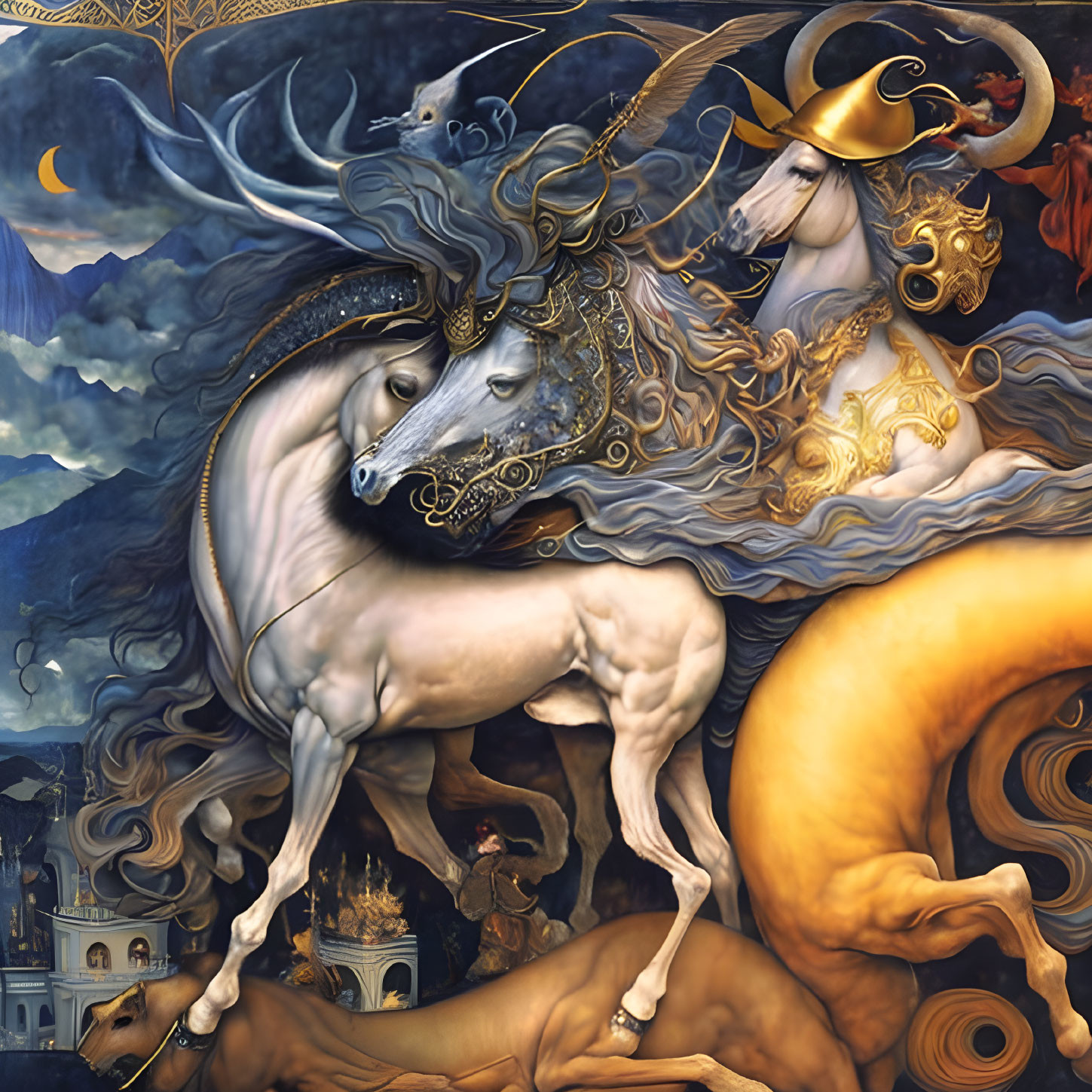 Mythical creature with horse body and human head in golden armor amidst ancient buildings.