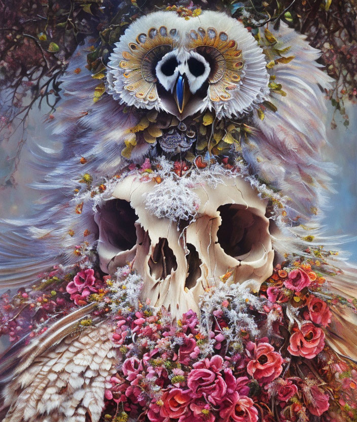 Detailed owl painting with skull-like face, flowers, and feathers in dreamlike scene