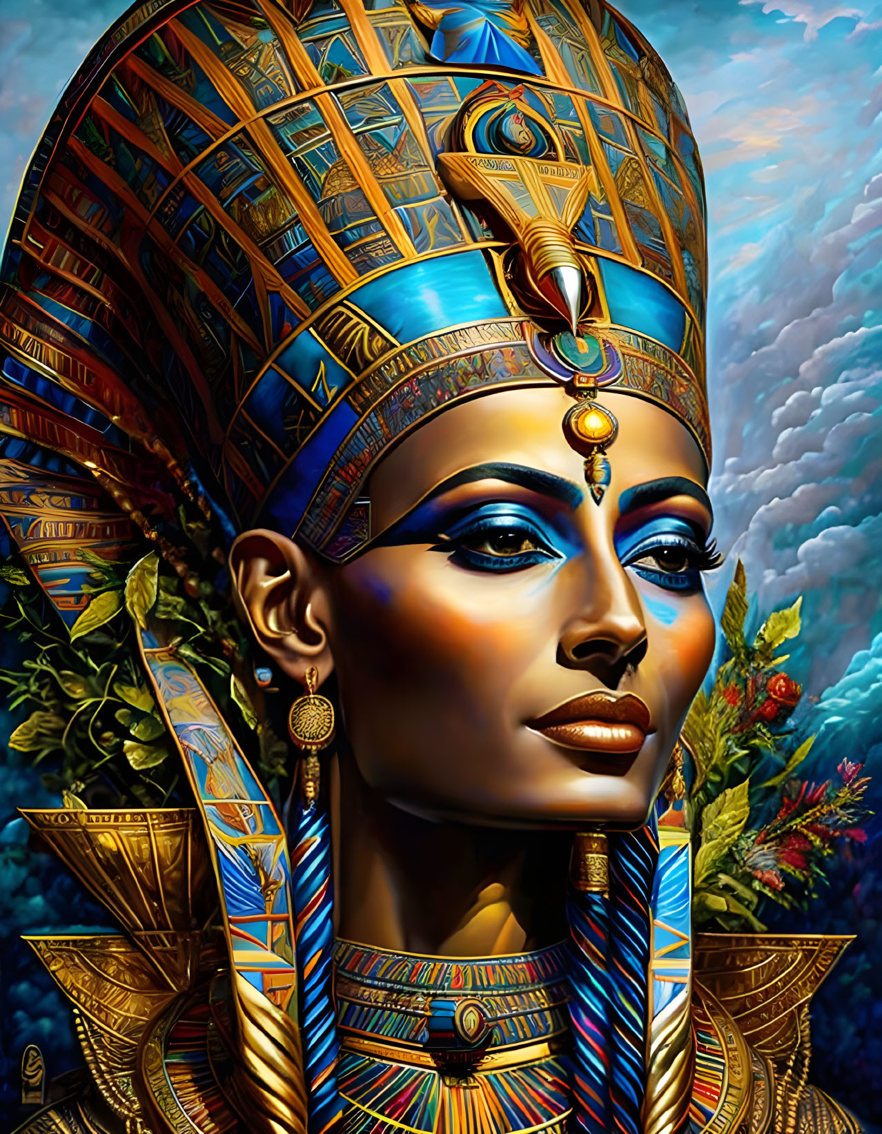 Egyptian Pharaoh Portrait with Golden Headdress and Blue Jewelry