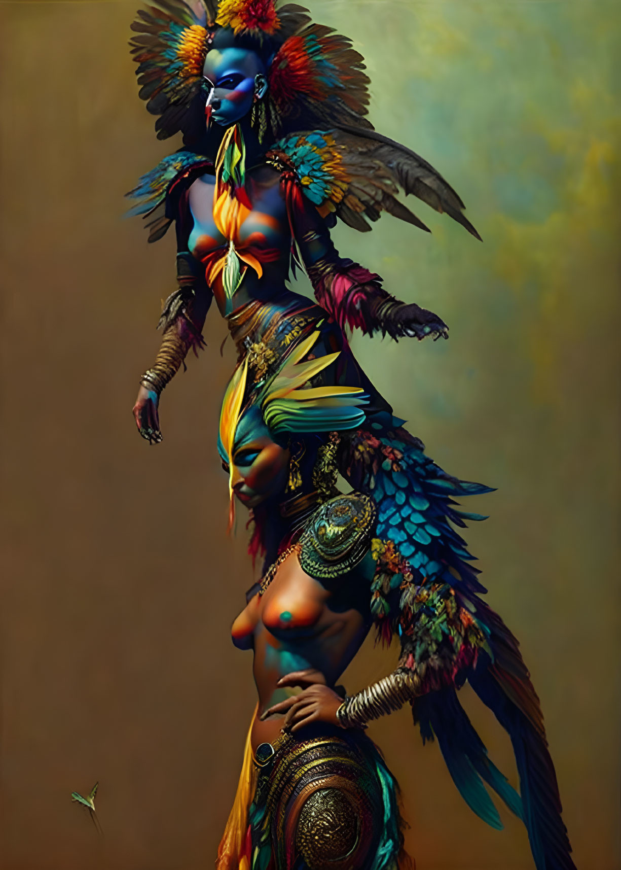 Avian-themed body art with blue and green feathered headdresses portrait