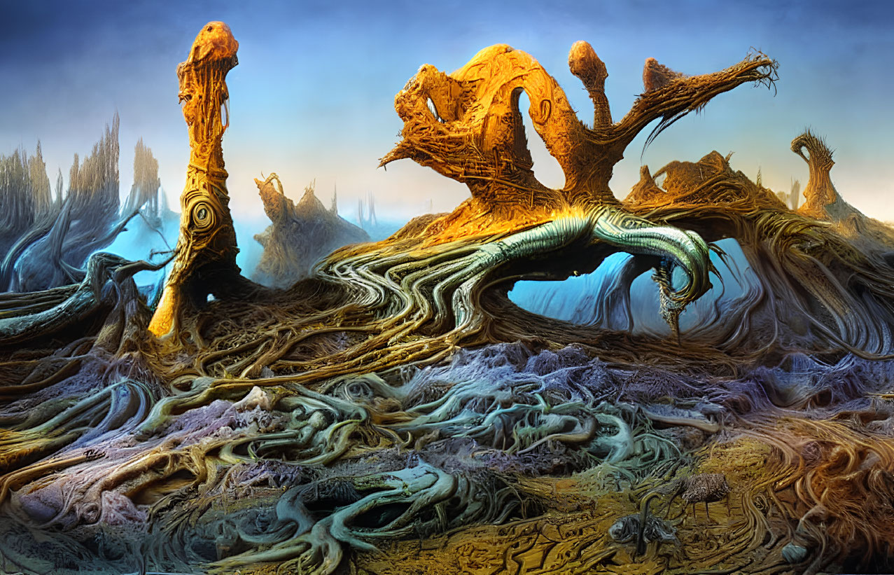 Fantastical landscape with twisted trees on blue background