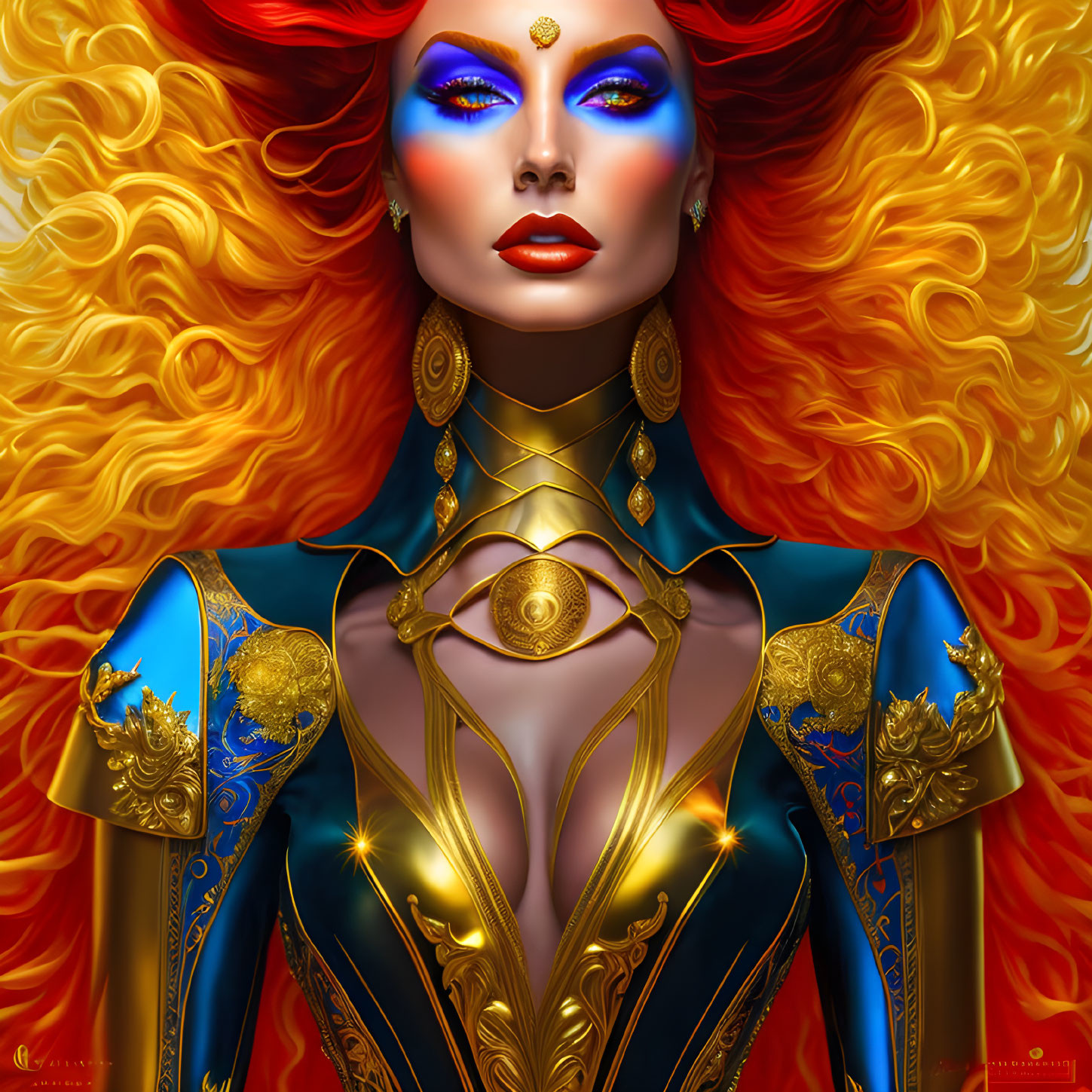 Digital Artwork: Woman with Red Hair, Blue Skin, Striking Makeup, Gold Jewelry, Blue