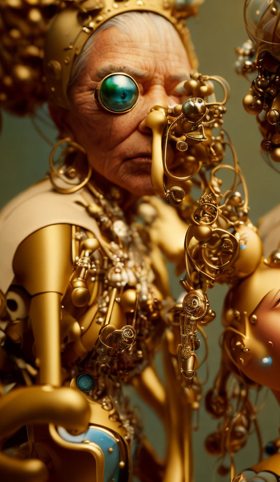 Elderly person with cybernetic gold headpiece and blue-green eyes