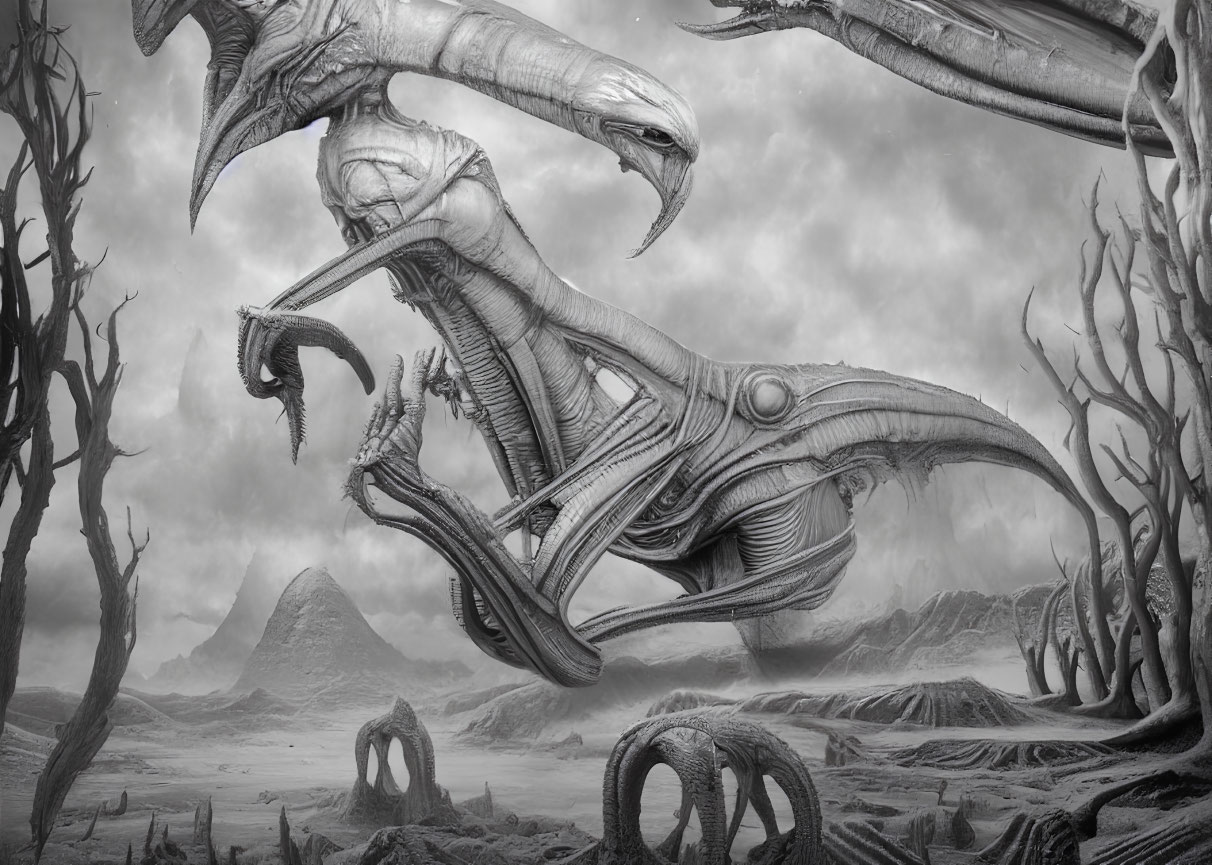 Fantastical grayscale landscape with alien creatures and skeletal trees