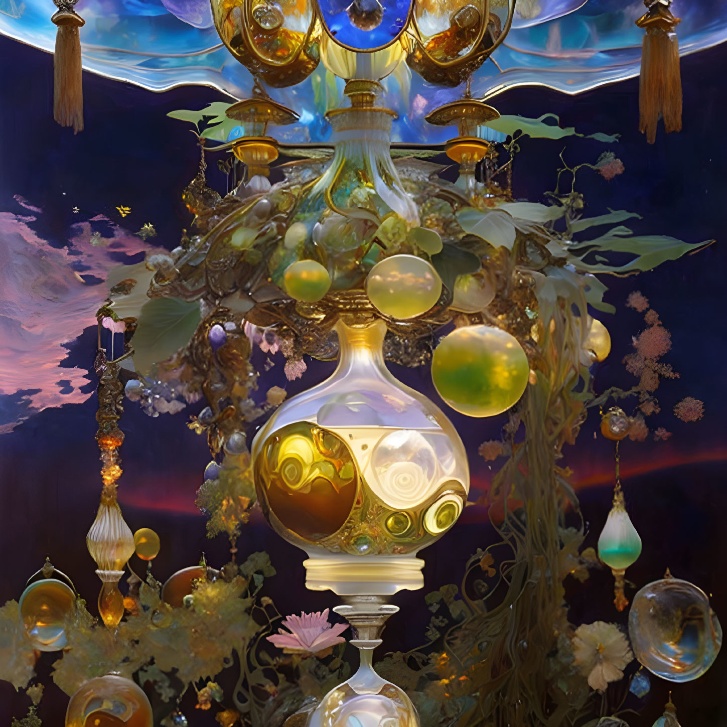 Golden sphere and floral motif chandelier under twilight sky