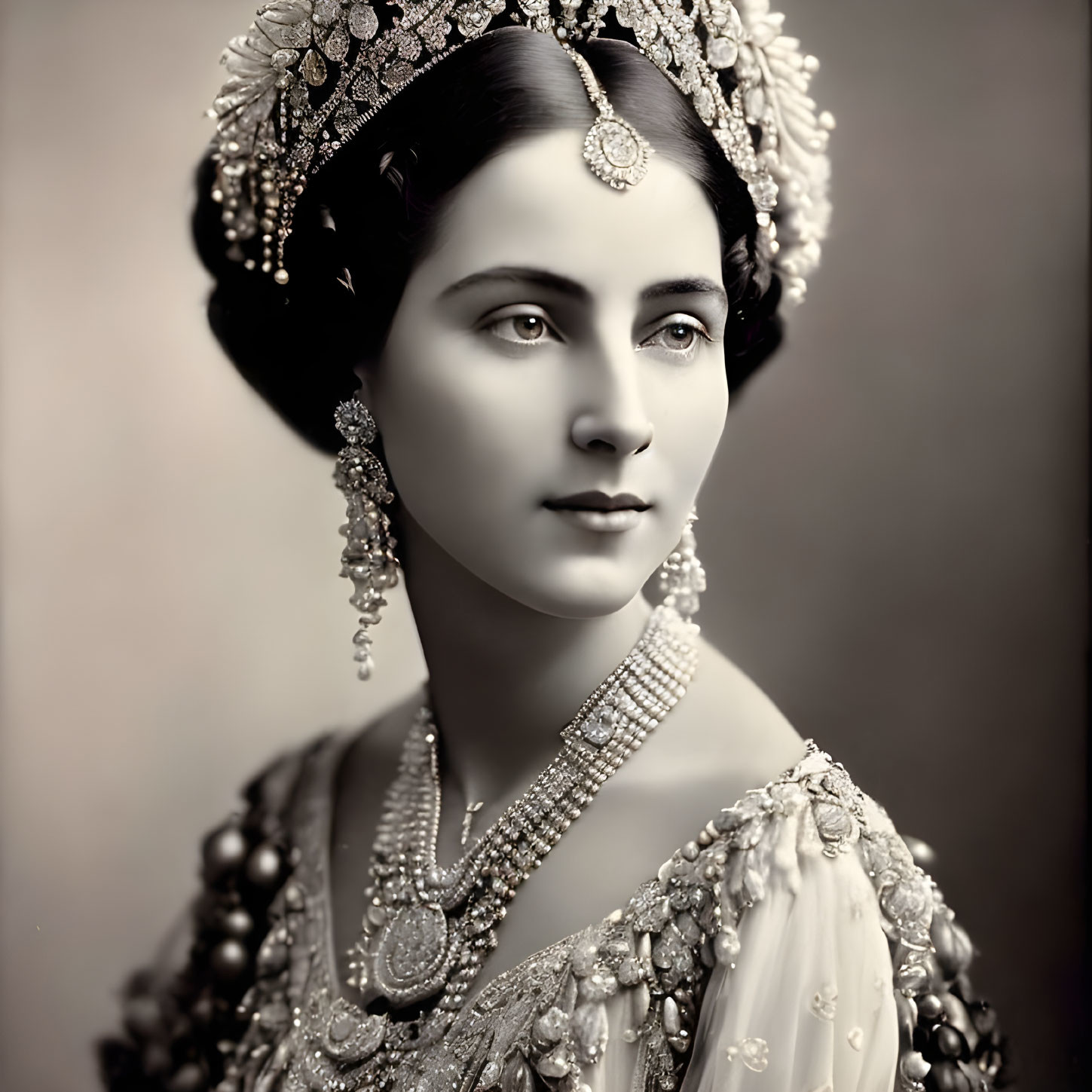 Vintage Portrait of Woman in Elaborate Headdress and Regal Gown