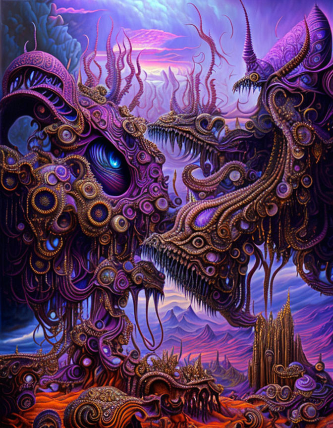 Colorful surreal illustration of tentacled creatures in alien landscape