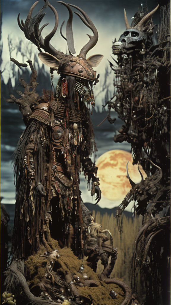 Mystical figure with horned skull headpiece in moonlit backdrop