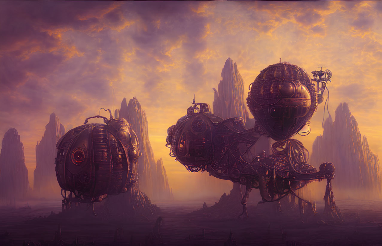 Fantasy landscape with steampunk airships and rock formations