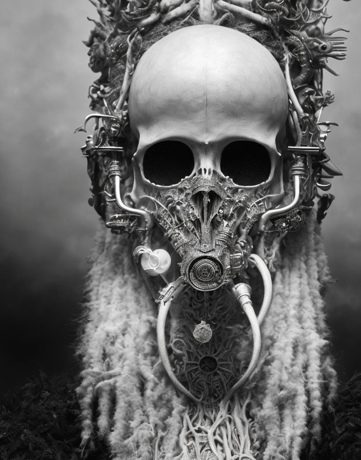 Monochromatic ornate skull with mechanical elements on textured background