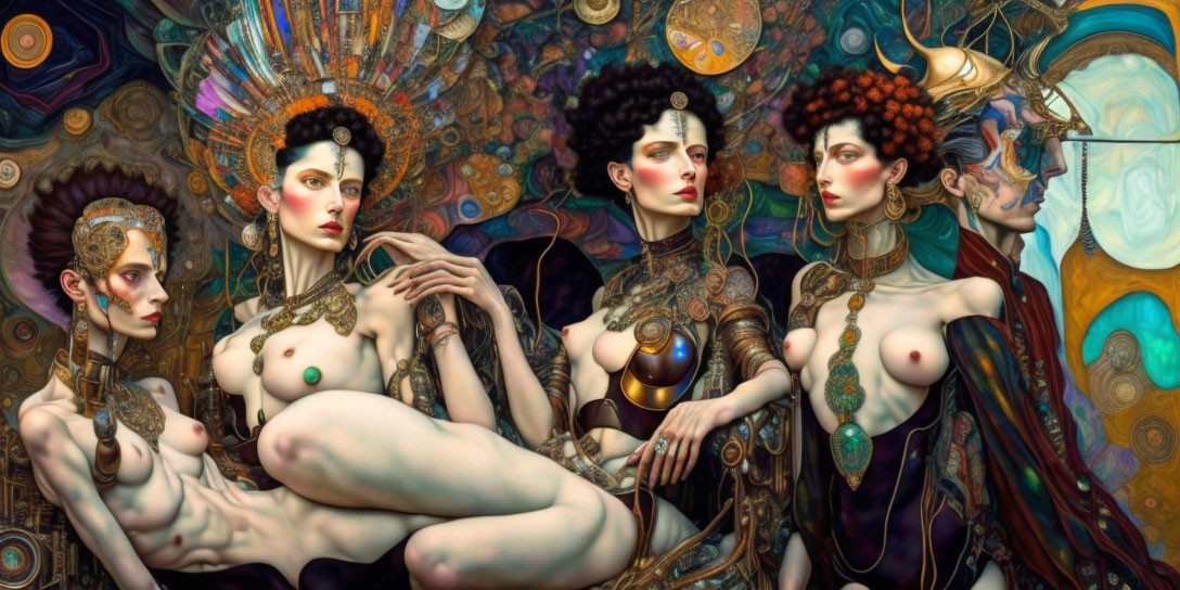 Ethereal female figures with ornate headpieces in vibrant artwork