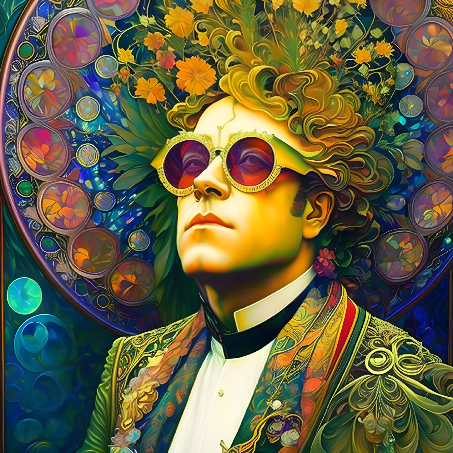 Colorful digital portrait of person with curly hair in vintage attire and sunglasses amidst psychedelic patterns and flowers.