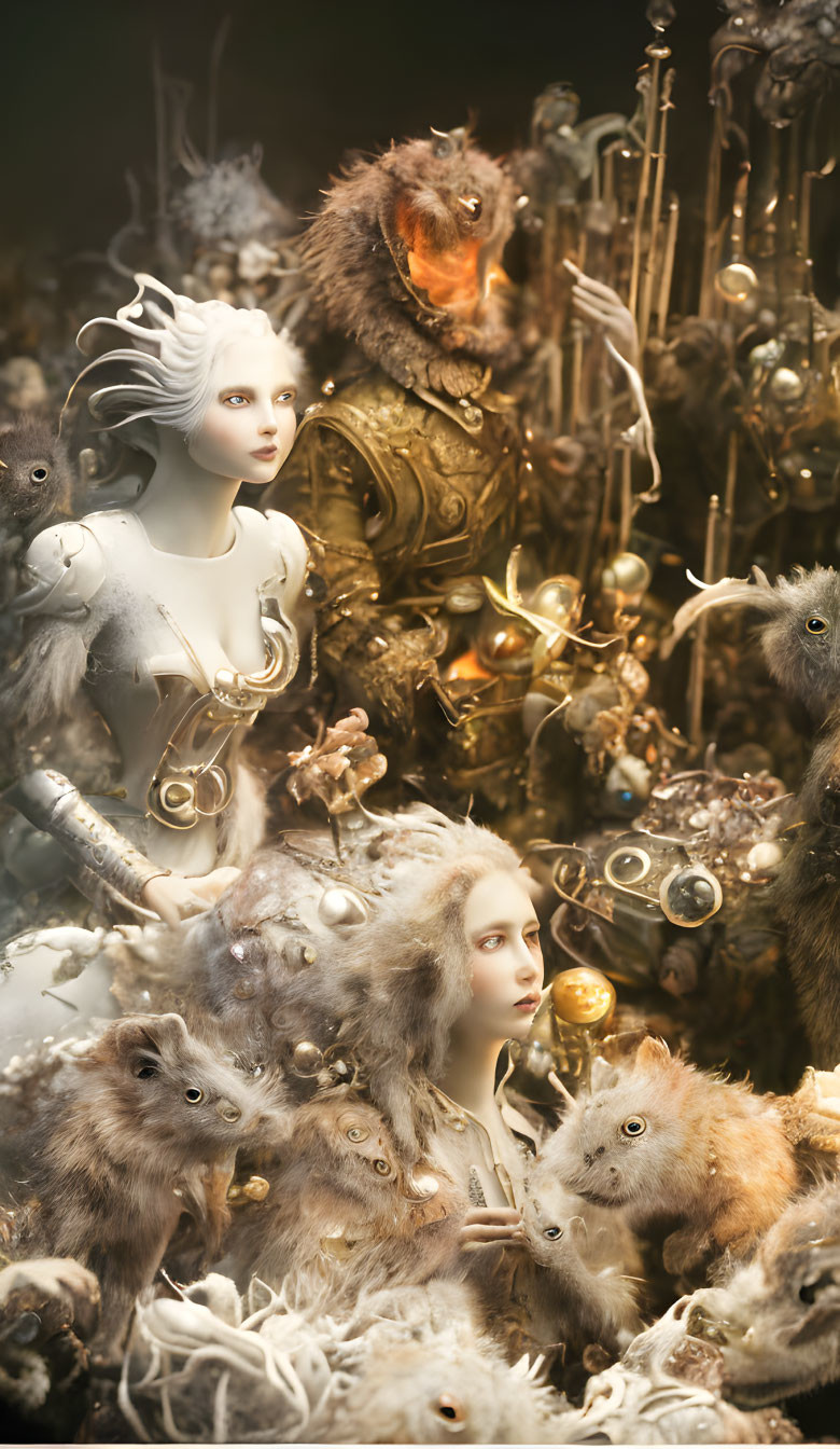 Surreal pale figures and fur creatures in golden ornate setting