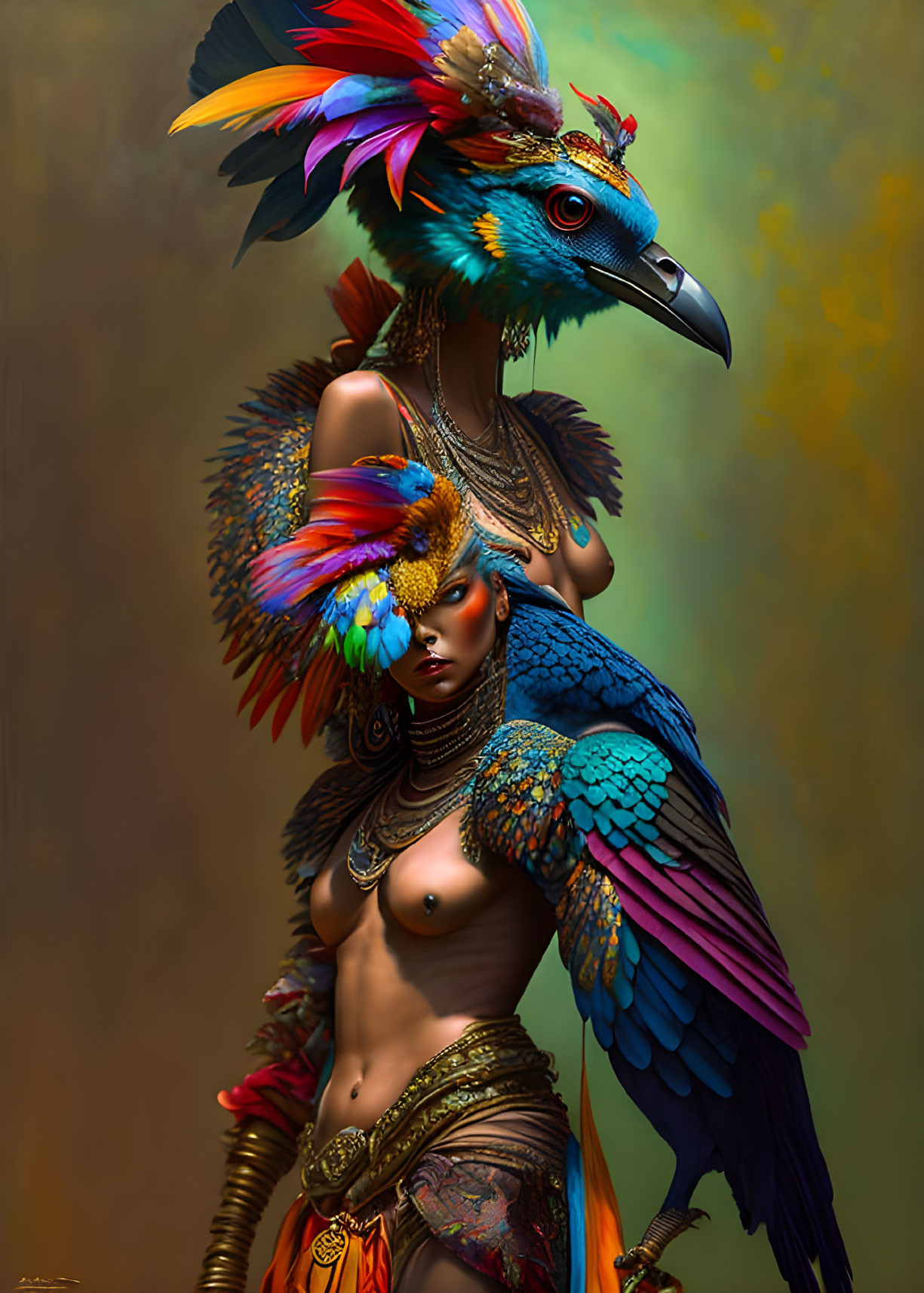 Vibrant bird feather and mythical creature makeup portrayal.