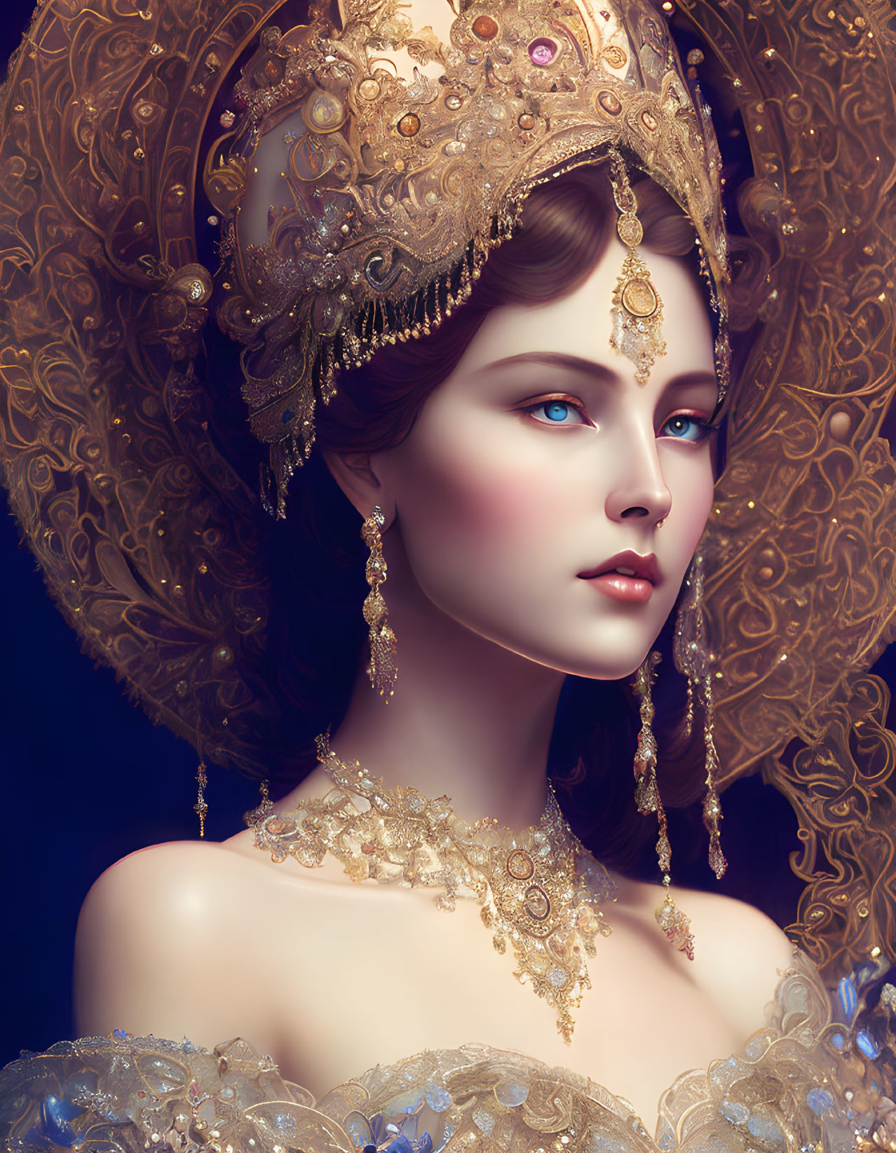 Detailed Woman Illustration: Gold Headgear, Jewelry, Off-Shoulder Dress