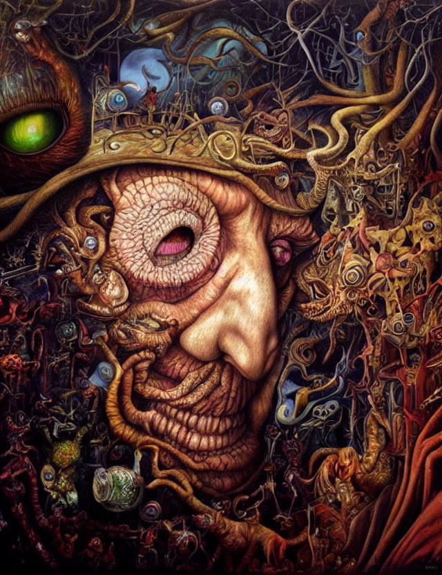 Detailed surrealistic painting with eye-like opening and vibrant colors