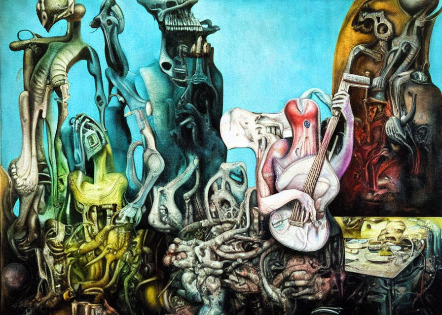 Vibrant surreal painting: abstract humanoid forms and musical instruments intertwined.