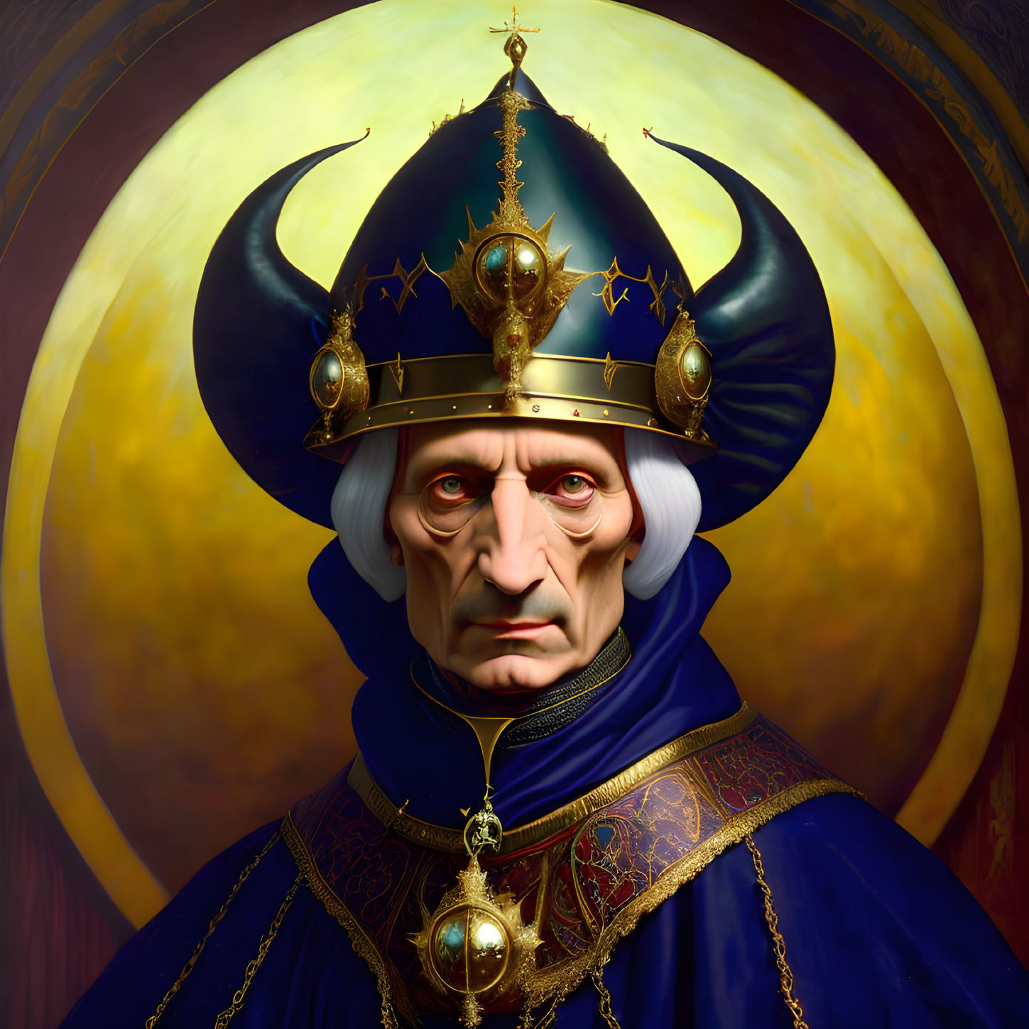 Regal figure in blue and gold robe with crown on golden backdrop