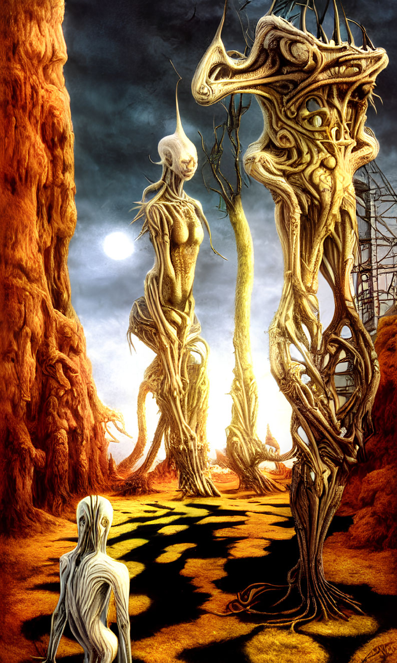 Surreal humanoid tree figures in mystical landscape with glowing orb