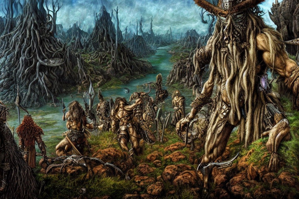 Fantasy scene: Armored humanoid creatures with weapons in dark, swampy landscape