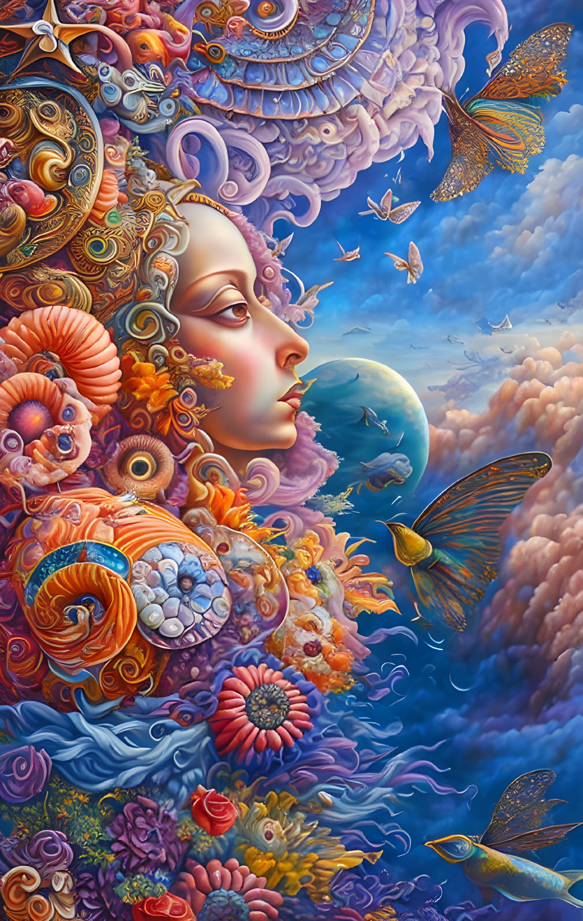 Vibrant surreal artwork: female figure with oceanic hair in dreamy setting