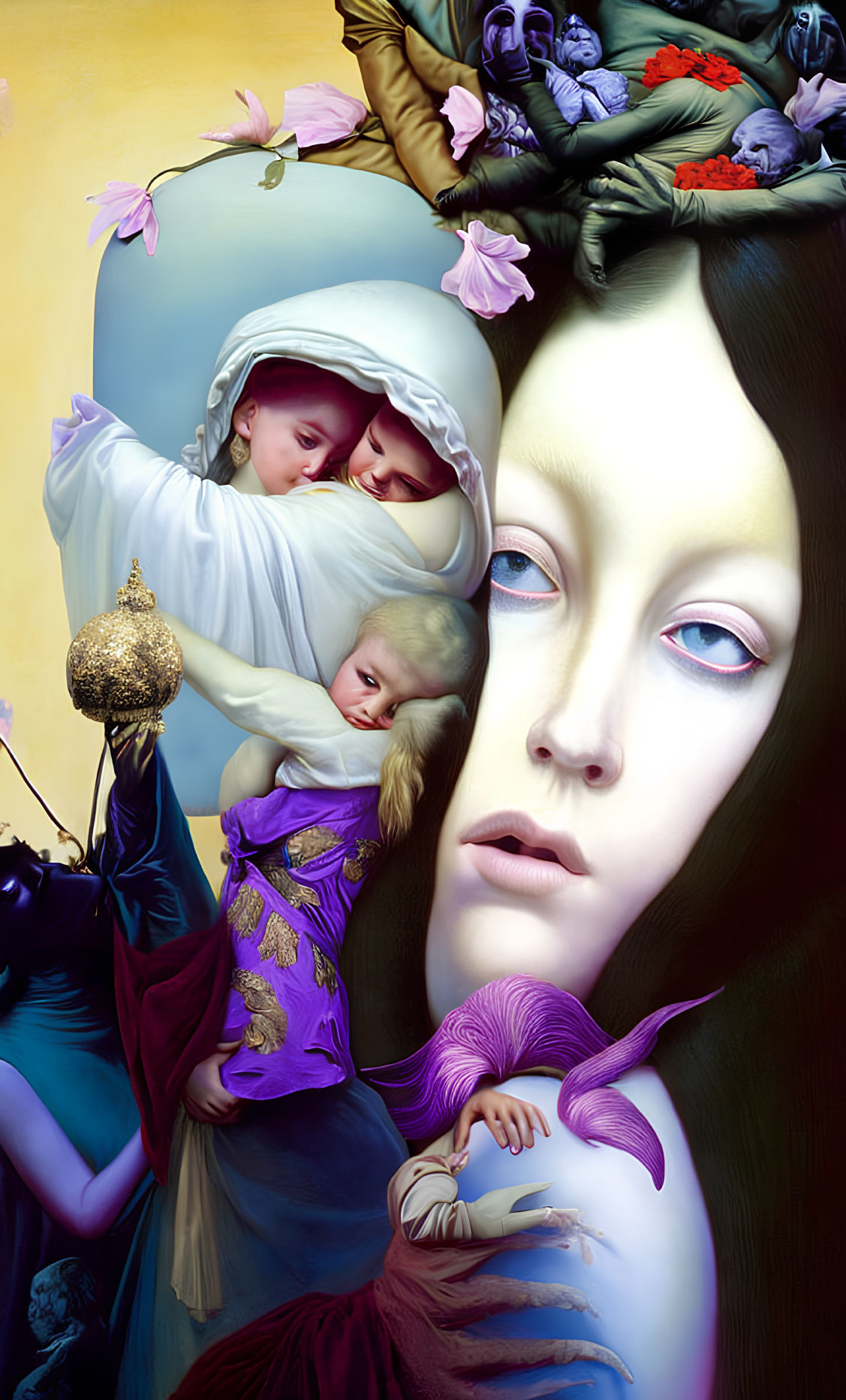 Surreal Artwork Featuring Woman, Infants, Mermaid, and Floral Motifs