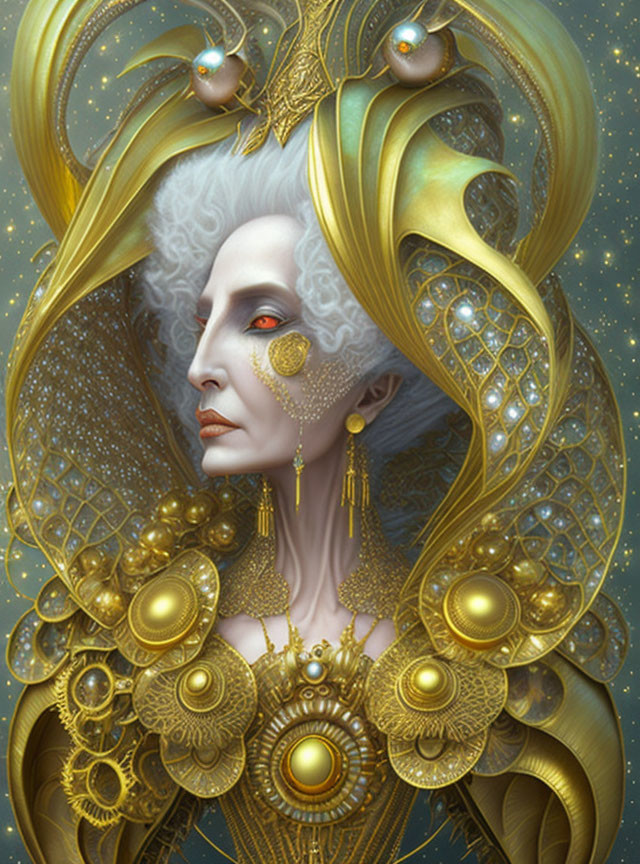 Intricate Fantasy Portrait of Pale Figure with Gold Adornments