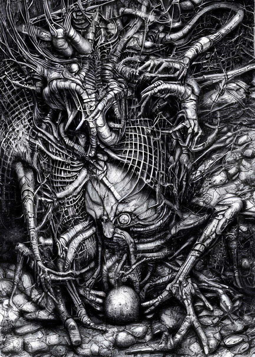 Detailed biomechanical illustration with cyborg creatures and tangled wires