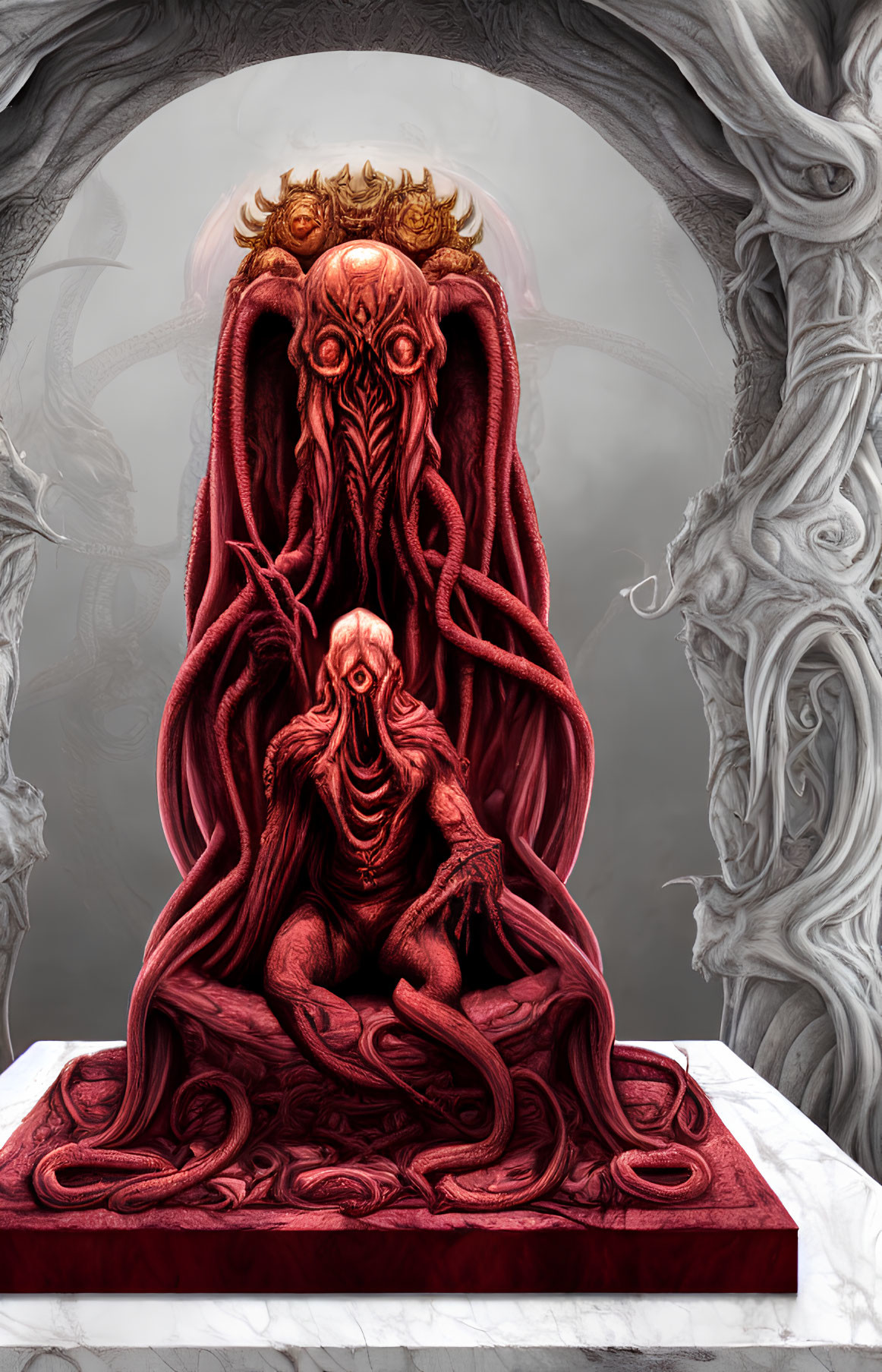 Detailed surreal illustration of red octopus-like creature on throne surrounded by misty columns