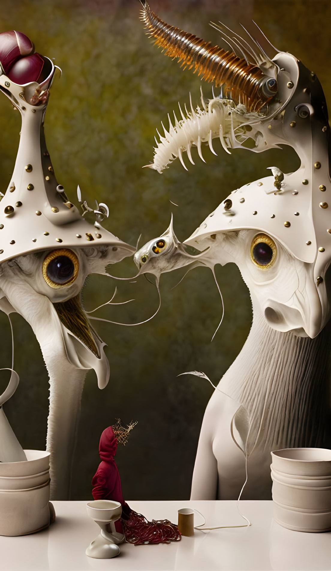 Surreal mechanical bird-like creatures face off with intricate details and a tiny figure amidst cups and sp