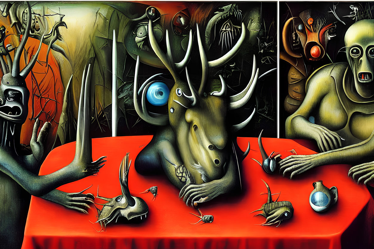 Vibrant Surrealist Painting: Creature with Antlers at Table