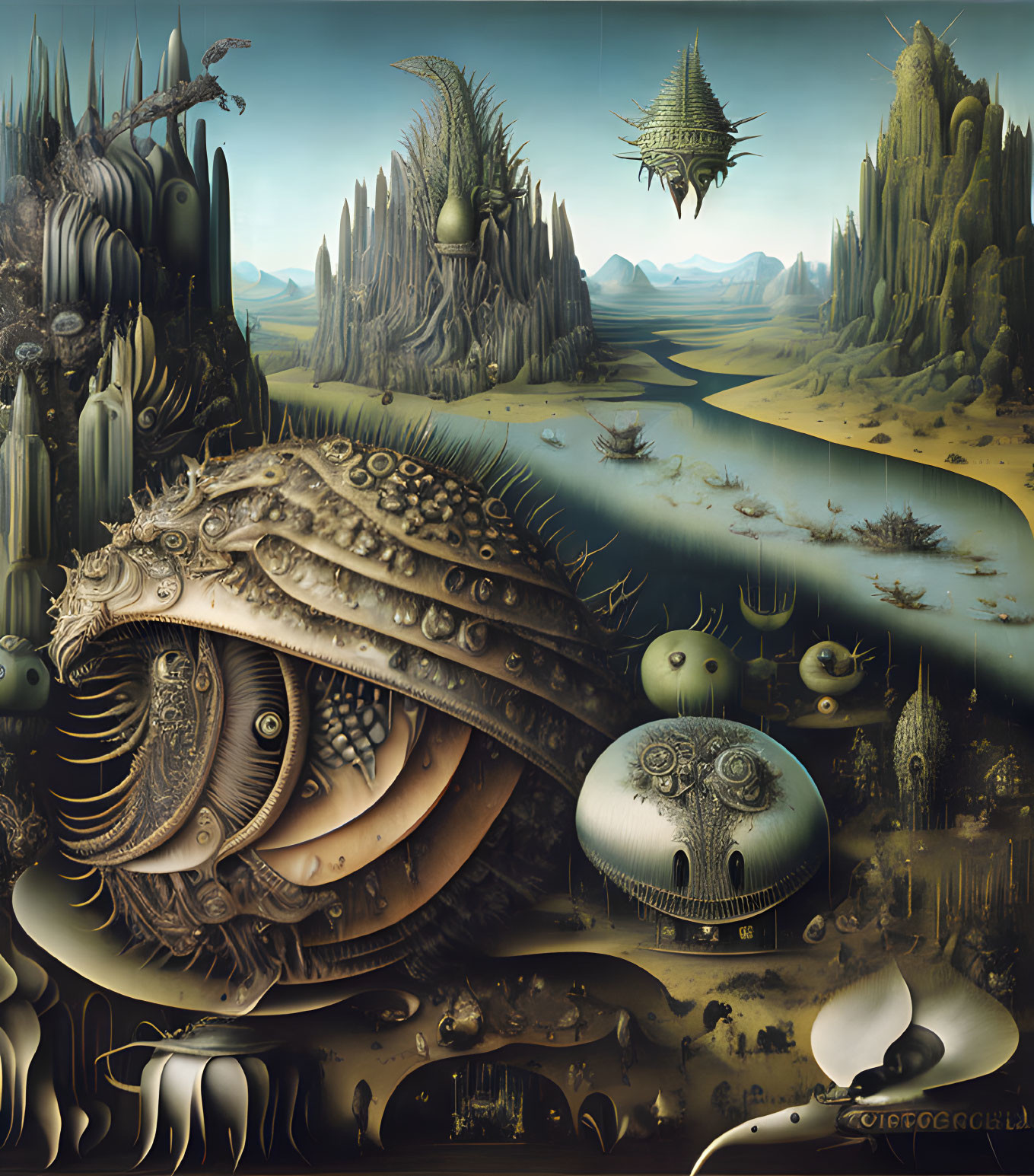 Surreal landscape with organic and metallic structures, fantastical vegetation, tranquil river, and floating elements