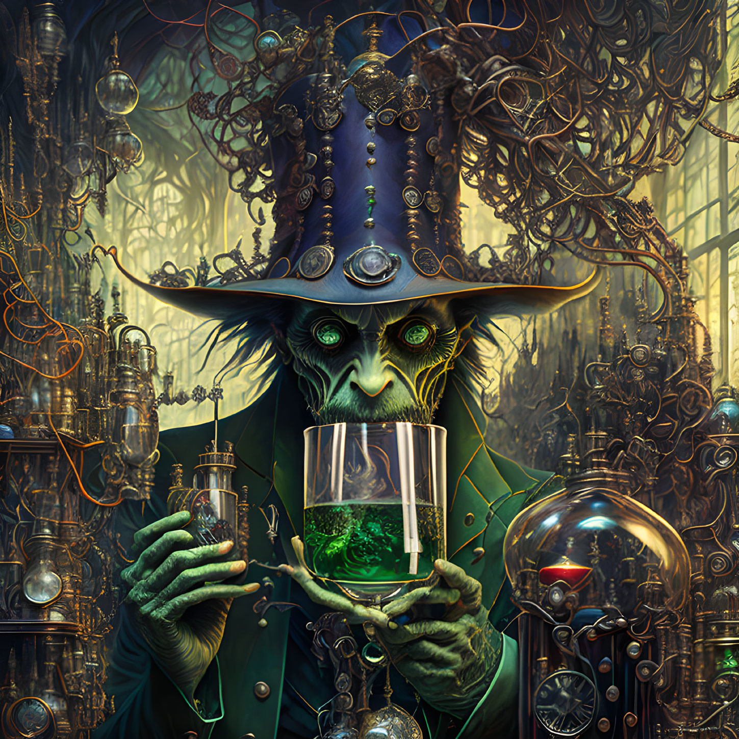 Steampunk-inspired green-skinned character with top hat and goggles holding green potion among machinery.