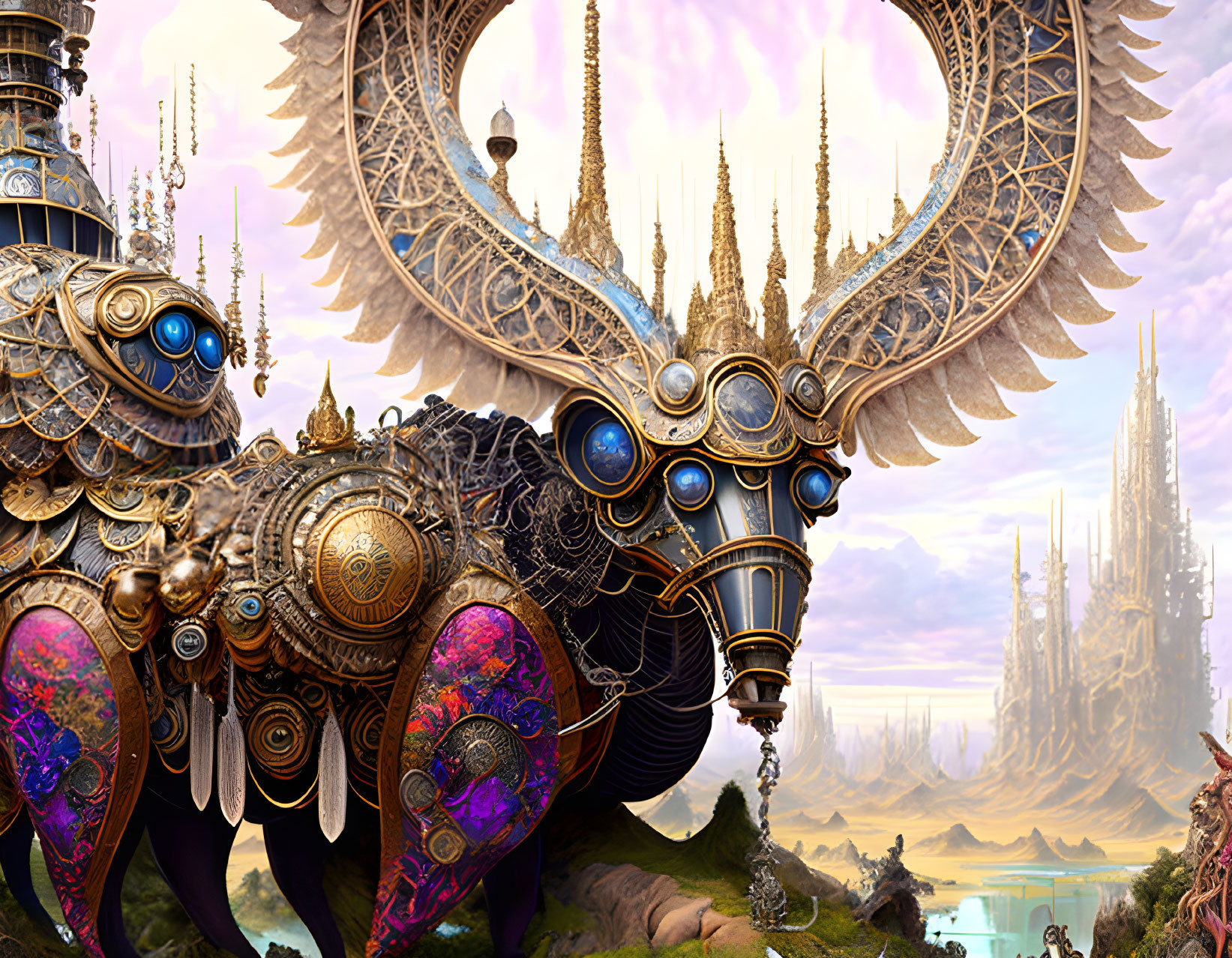 Steampunk elephant with ornate gear in whimsical cityscape