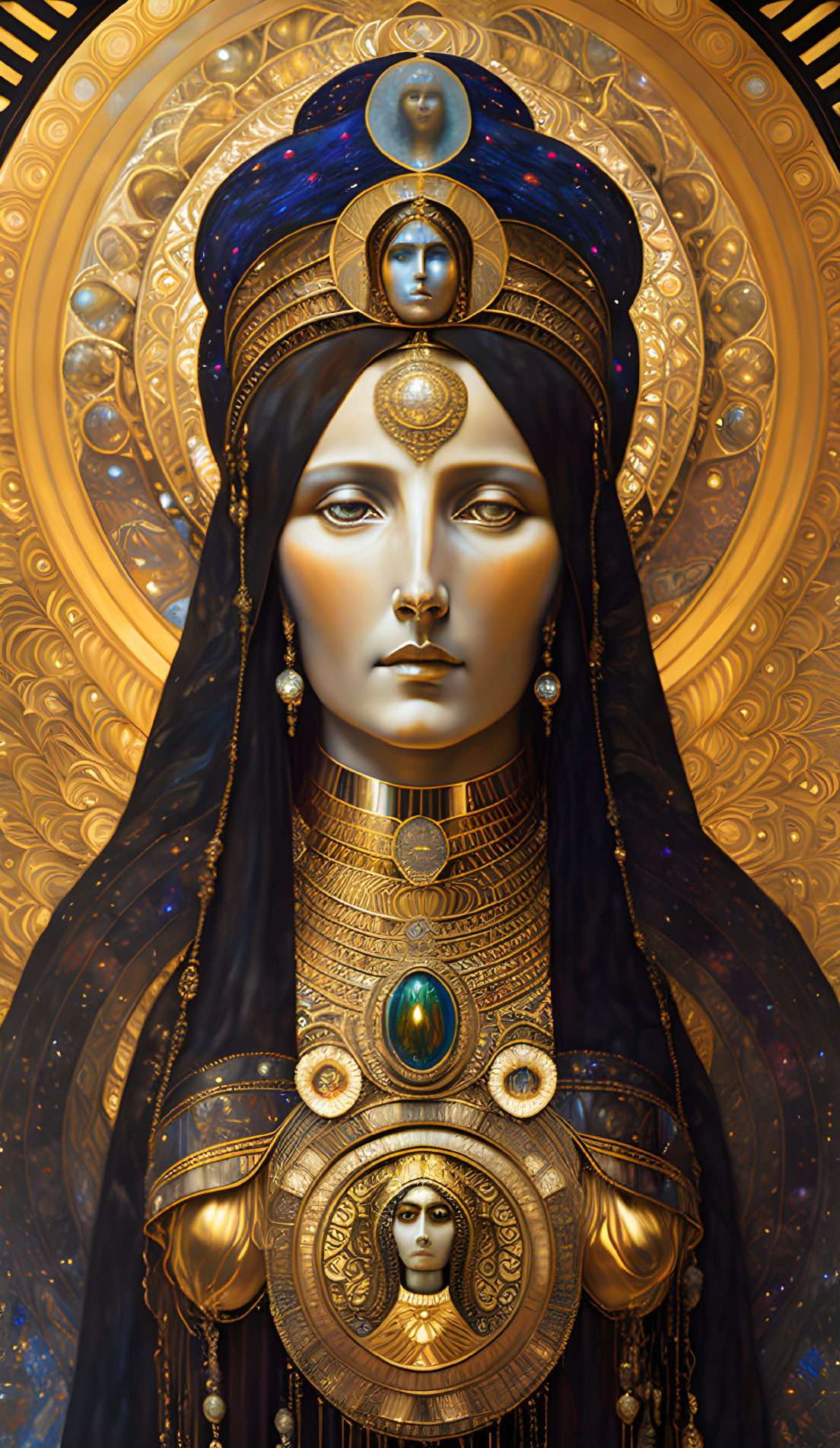 Digital artwork of woman adorned with golden jewelry and celestial headdress.