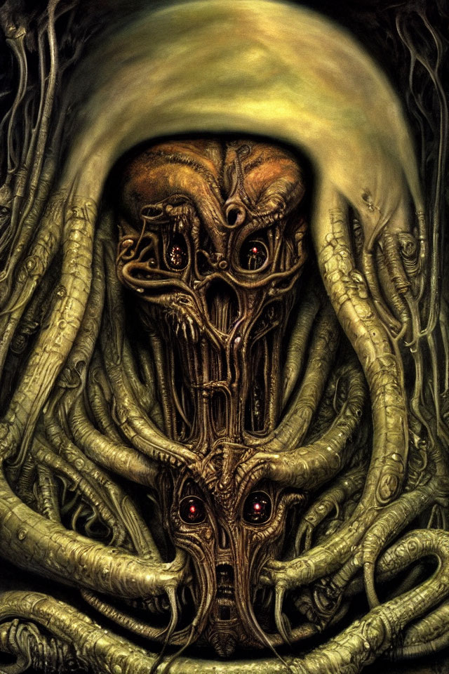 Dark Fantasy Artwork: Sinister Creature with Red Eyes and Twisting Roots