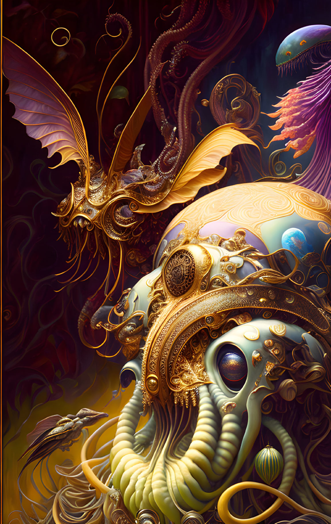 Surrealist artwork with fantastical creatures, tentacles, gears, and wings