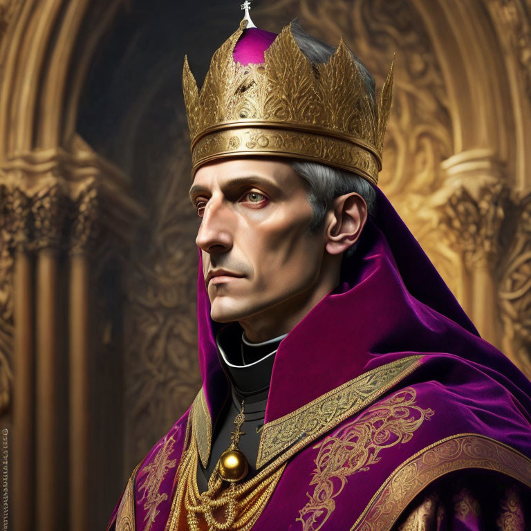 Gray-Haired Man in Gold Crown and Purple Robes on Ornate Background