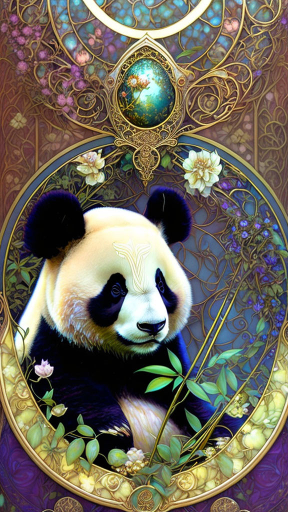 Colorful Panda Illustration with Floral Patterns and Celestial Sphere