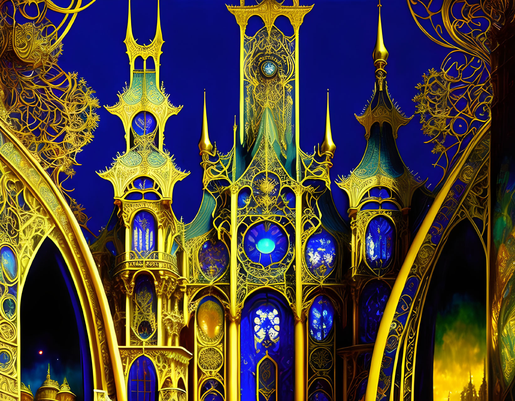 Golden fantasy architecture with ornate spires and glowing blue elements