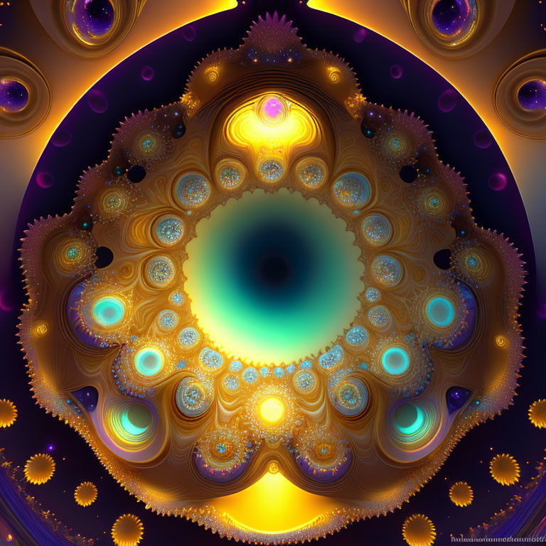 Colorful fractal art: Dark void surrounded by intricate gold, purple, and blue patterns